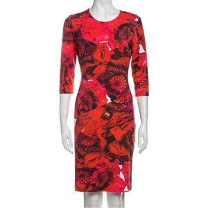 Red Floral Sheath Dress Three-Quarter Sleeve with Crew Neck